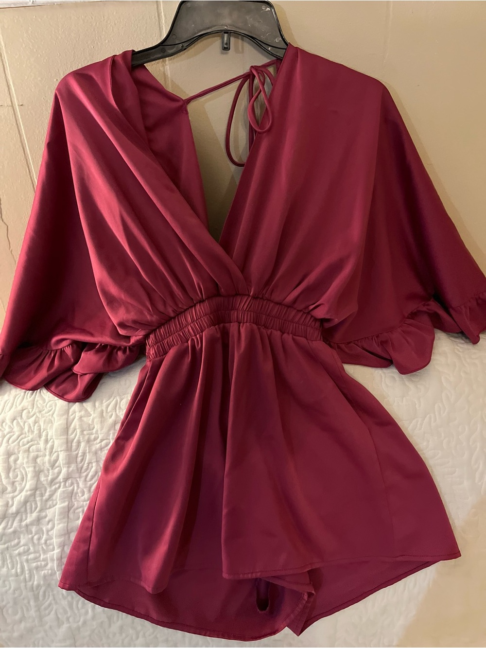 Deep Wine V-Neck Mini Dress with Elastic Waist